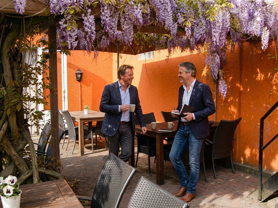 Collega's nemen een korte pauze met koffie in de patio tijdens een heidag bij De Weijenborg