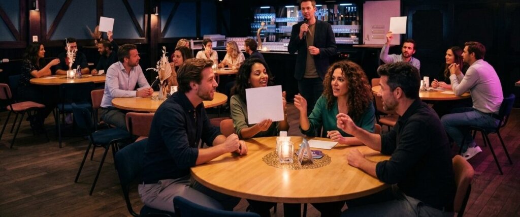 Teams aan ronde tafels in de Gelagkamer van De Weijenborg tijdens een muziekquiz, met een quizmaster met microfoon