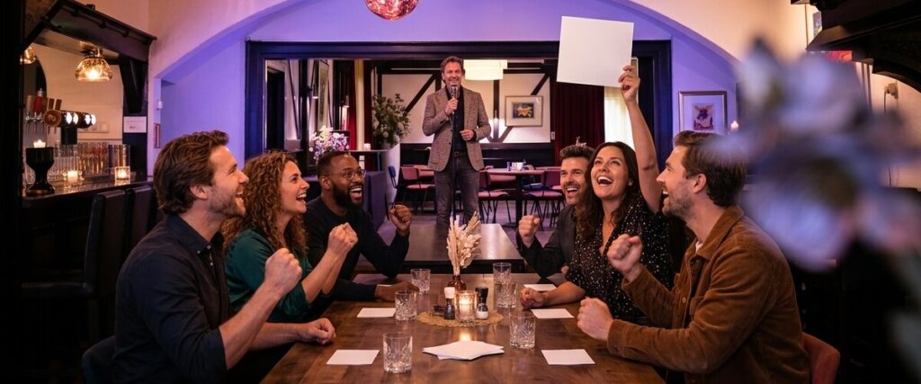 Juichend team aan een lange tafel in de Herenkamer van De Weijenborg houdt een antwoordkaart omhoog tijdens een muziekquiz