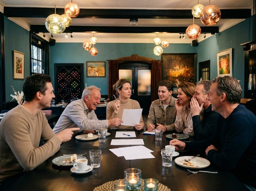 Gemengd team collega's beantwoordt samen een quizvraag tijdens een personeelsfeest bij De Weijenborg